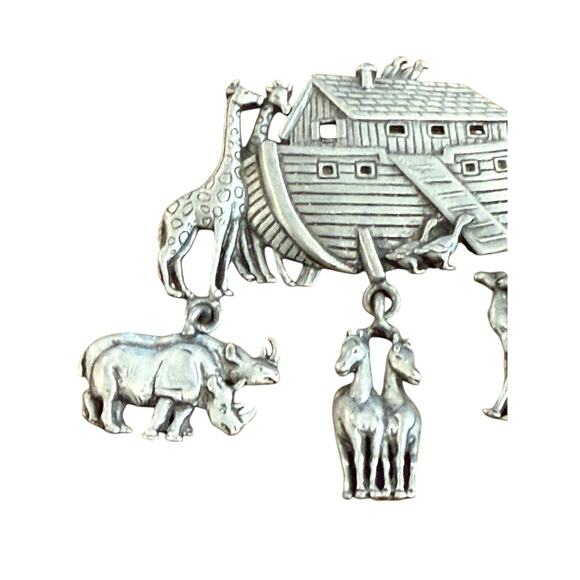 Noahs Ark JJ Jonette Jewelry Signed Brooch Pin Pewter Dangling Animal Pairs VTG - Picture 4 of 8